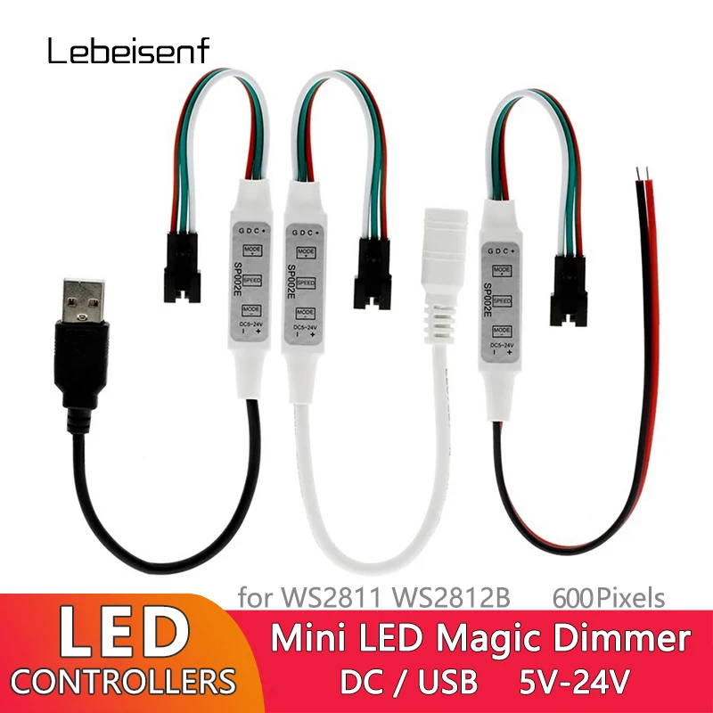 LED RGB 컨트롤러, SP002E, 600 픽셀 조광기, 3 키 DC5-24V, USB 5V, WS2811, WS2812B, 주소 지정 가능 매직 컬러 라이트 바 스트링