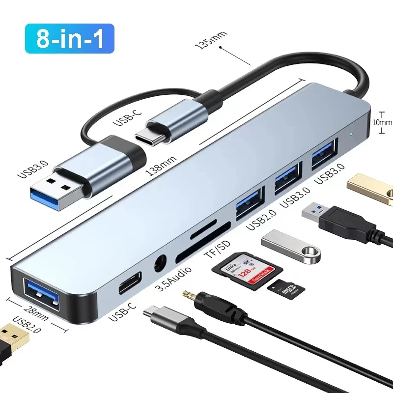 분배기 카드 리더기가 있는 USB 허브, USB C 포트, USB 3.0 / 2.0, SD/TF 분배기 카드 리더, 도킹 스테이션, 8 in 2