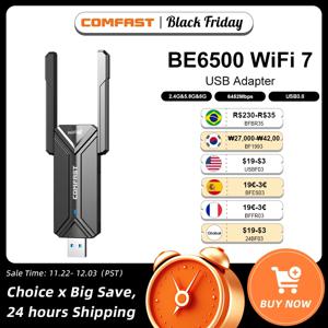 COMFAST 와이파이 7 USB 어댑터, BE6500 2.4G 및 5.8G 및 6GHz 무선 네트워크 카드, 802.11be 6500Mbps 프리 드라이브, Win10/11 용