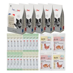 아벡시앙 소프트 프리미엄사료 1kg*5팩+삼계죽10개+소고기야채죽10개+큐브 육포치킨2개+큐브 육포연어2개