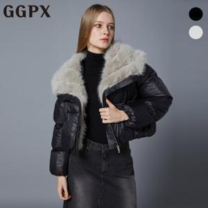 GGPX  페이크 밍크 배색 빅 카라 크롭 숏 패딩 점퍼 (GOBJP026F)