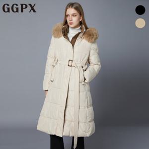 GGPX  배색 라쿤 후드퍼 비조 벨트 롱 패딩 점퍼 (GOBJP028F)