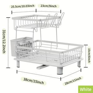 TEMU 혁신적인 배수, 공간 절약형 2단 식기 건조대, 배수 트레이 및 회전식 뚜껑 포함 - 컵 및 식기 홀더 포함, 주방 카운터탑에 완벽