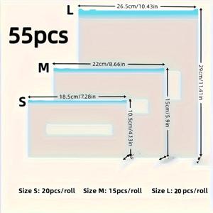 TEMU 55개 팩 재사용 가능한 지퍼 밀봉 식품 보관 백 - 냉장고 사용을 위한 플라스틱 신선도 보존 파우치, 식품 접촉에 안전, 고기, 농산물, 간식 및 여행 구성에 이상적