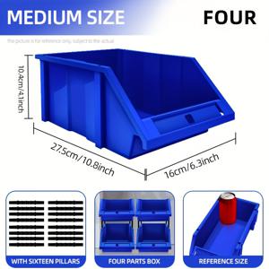 TEMU 에어라지 4개 플라스틱 도구 보관함, 기둥이 있는 쌓을 수 있는 정리함, 차고 하드웨어 부품함, 낙하 방지 내마모성, 조립 필요