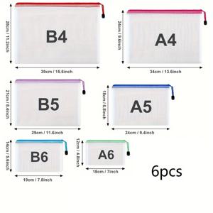 TEMU 6개 망사 지퍼백, 방수 지퍼백, 8가지 크기의 방수 플라스틱 문서백, 8가지 색상, 다목적 여행 보관, 사무용품 및 가정 정리 제품