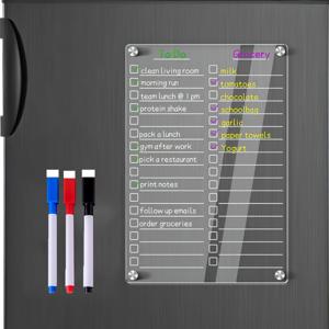 TEMU 아크릴 자성 냉장고 플래너 세트 - 투명 마른 지우기 보드, 할 일 및 장보기 목록, 6개의 습식 지우기 마커, 지우개, 강력한 분리형 자석 - 자성 뒷면 냉장고 화이트보드 키트