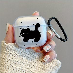 TEMU AirPods 4/Pro 2세대용 작은 검은 고양이 패턴이 있는 투명 이어폰 케이스 2개 세트, 검은 버클 선물이 포함된 이어폰 보호 케이스