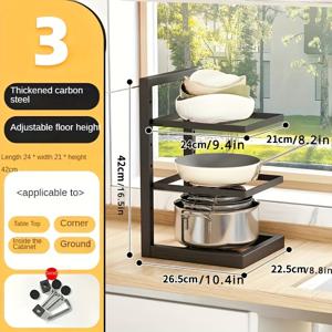 TEMU 3단/4단 조절 가능한 철제 냄비 받침대, 다목적 주방 수납 정리함, 조리기구 및 필수품용 매달린 선반, 두꺼운 탄소강으로 된 바닥에 놓인 직사각형 냄비 및 팬 받침대