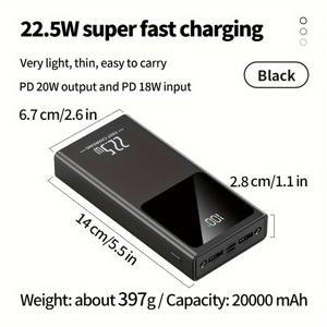 TEMU 20000mAh 휴대용 고속 충전 파워 뱅크, 모바일 폰 배터리 팩 22.5W, LED 전원 디스플레이/손전등/USB/Type-c/ 포함, 아이폰/ 폰 디지털 전자 장비 및 야외 비상 전원 보충용 배터리 팩