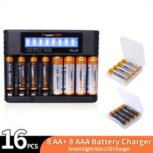 TEMU PowerKAN 1.2V NiMH 충전식 AA & AAA 배터리 세트 + ALL8 충전기, 충전 및 방전 주기용 고품질 배터리, 800mAh AA 배터리 x8 & 300mAh AAA 배터리 x8 조합, 5V 2A USB 고속 충전 AA AAA 배터리 충전기 포함