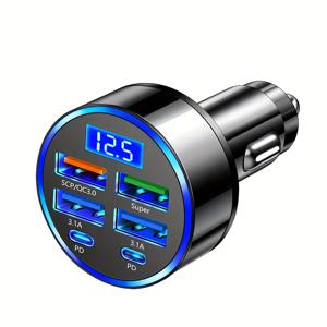 TEMU 6-in-1 자동차 충전기 디스플레이, USB 3.0/3.1A 고속 충전, 멀티 포트 어댑터, 듀얼 PD, 범용 호환성, 36V 전압, 스마트폰, 태블릿 등에 적합|태블릿