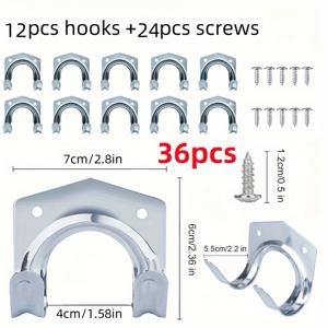 TEMU 36개/1세트 금속 벽걸이 24개 나사 포함, 정원 차고 도구 보관용 더블 훅 행거, 고성능 산업용 정리함, 차고 용품, 벽걸이 도구 홀더
