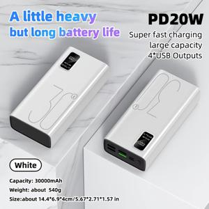 TEMU 30,000mAh USB Type-C 휴대용 파워뱅크, 22.5W 초고속 충전, 충전식 리튬 폴리머 배터리, USB 충전, 고속 충전 기능, 작동 전압 ≤36V|보조배터리|보조배터리20000