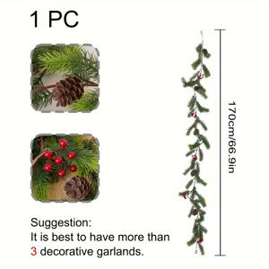 TEMU 1pc 180cm 성탄절 파인 나무 가지 장식, 부드러운 과일 악센트가 있는 인공 초록 식물, 벽난로, 탁상, 결혼식, 계절별 가정 장식용 유연한 고무 덩굴, 전원 필요 없음.