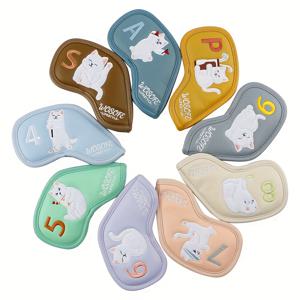 TEMU 9pcs 골프 철 커버, PU 방수 및 내마모성, 세 가지 색상 사용 가능, 봉제 귀여운 고양이 수 놓은 골프 클럽 보호 커버