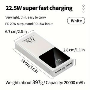 TEMU 20000mAh 휴대용 고속 충전 파워 뱅크, 모바일 폰 배터리 팩 22.5W, LED 전원 디스플레이/손전등/USB/Type-c/ 포함, 아이폰/ 폰 디지털 전자 장비 및 야외 비상 전원 보충용 배터리 팩|보조배터리|보조배터리20000