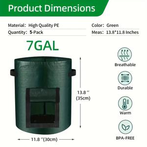 TEMU 5 팩, 10 갤런 원단 정원 재배 백, 녹색 통기 감자 화분 접근 플랩 견고한 손잡이, 토마토, 당근, 과일을 위한 고성능 채소 재배 냄비 통기성, 내구성