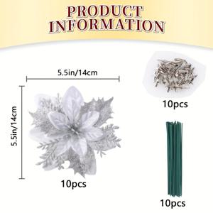 TEMU 10개 반짝이는 은빛 포인세티아 꽃 - 5.5인치 인공 크리스마스 장식, 트리, 화환 및 가랜드용 | 크리스마스, 새해 및 결혼식 축하에 완벽함
