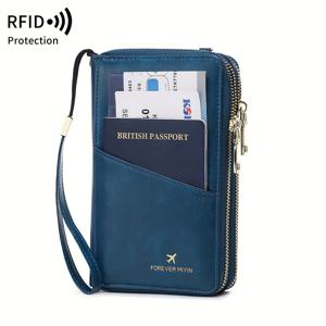 TEMU MIYIN RFID 차단 여행 지갑, 손목 끈과 조절 가능한 끈이 있는 더블 지퍼, 대용량 인조 가죽 여권 보관함, 다기능 티켓 및 신용 카드 폴더, 랜덤 프린트, 블랙, 인조 가죽, 폴리에스터 안감, 지퍼 포켓, 현대적인 스타일