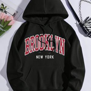 TEMU Brooklyn New York 프린트 후디, 여성 패션 캐주얼 운동용 후드 티셔츠, 전면 포켓과 드로스트링, 스포티 스타일 풀오버 - 가을 & 겨울용