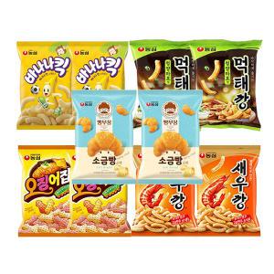 농심 먹태깡, 60g, 2개 + 새우깡, 90g, 2개 + 빵부장 소금빵, 55g, 2개 + 오징어집, 78g, 2개 + 바나나킥, 75g, 2개