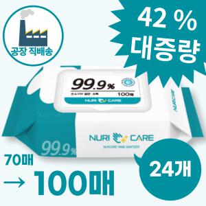 누리케어 무알콜 세정 살균 방역 제균 감염예방 손소독티슈 100매 24개