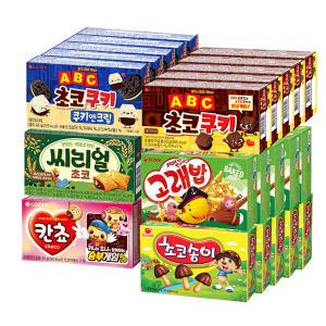 오리온 초코송이 50g+고래밥 46g+칸쵸 54g+씨리얼 42g+에이비씨초코쿠키 50g+쿠앤크 43gx각5개(총30개)