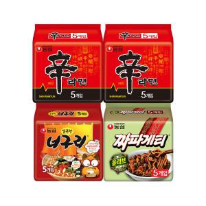 농심 신라면, 120g, 10개 + 얼큰한너구리, 120g, 5개 + 짜파게티, 140g, 5개