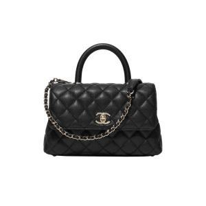 [정품 보증] 샤넬 핸들 장식의 스몰 플랩백 그레인드 카프스킨  골드 메탈 블랙 Chanel Small Flap Bag