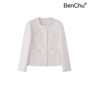 BenChu 프랑스어 보라색 라운드넥 둥근 카라 코트 자켓 점퍼 봄 여성 기질 꽃 트위드