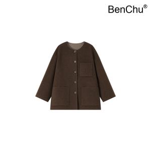 BenChu 양면 2 색 울 양털 대형 코트 가을 겨울 신상 양측 오버핏 데일리 실크 자켓 점