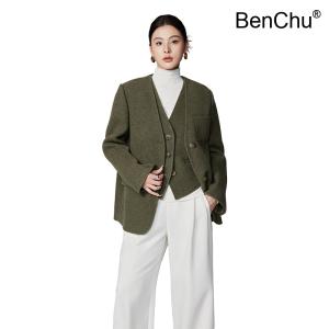 BenChu 카멜 울 양면 양털 대형 코트 높은 감각 가을 겨울 디자인 트위드 베스트 조끼