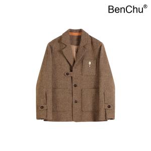 BenChu 겨울 가을 신상 빈티지 엔틱 블레이저 상의 다크 브라운 헤링본 양털 울 모직