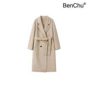 BenChu 클래식 옷깃 양면 양털 울 코트 대형 24 겨울 가을 롱 더블 행 타이 모직 천 자