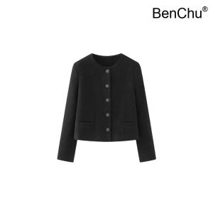 BenChu 가을 겨울 신상 빈티지 엔틱 블랙 둥근 카라 라운드넥 오버핏 슬림 원 트위드