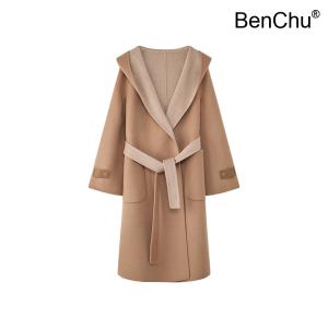 BenChu 프로필 롱 후드 양면 양털 울 대형 코트 여성 디자인 트위드 자켓 점퍼