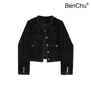 BenChu 프랑스어 연예인 꽃 트위드 숏 자켓 코트 점퍼 가을 신상 싱글 행 공제