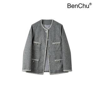 BenChu 고급 회색 양털 울 코트 자켓 점퍼 가을 겨울 프랑스어 엔틱 빈티지 롱 트위드