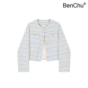 BenChu 푸른 색 울 양털 점퍼 코트 자켓 겨울 가을 신상 라운드넥 둥근 카라 프랑스어