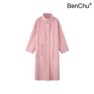 BenChu 핑크 버 양면 양털 울 대형 코트 여성 겨울 신상 디자인 스탠드 칼라 오버핏 슬