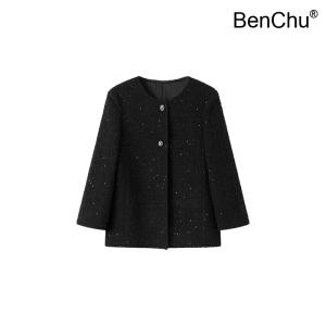 BenChu 무거운 카멜 머리 꽃 트위드 상의 가을 숏 상자 유형 9 점 기질 자켓 코트 점퍼