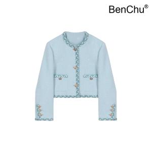 BenChu 푸른 색 기질 데일리 점퍼 자켓 코트 24 신상 오버핏 슬림 숏 꽃 트위드 상의