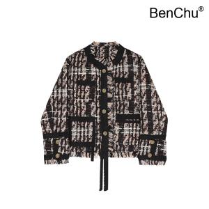 BenChu 블랙 금색 위빙 술 아래로 코트 자켓 점퍼 가을 겨울 디자인 꽃 트위드 상의