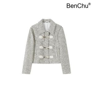 BenChu 가을 양털 울 자켓 점퍼 코트 옷깃 흰색 블랙 숏 디자인 트위드 꽃 상의