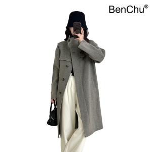 BenChu 고급 양면 양털 울 코트 대형 겨울 스탠드 칼라 디자인 롱