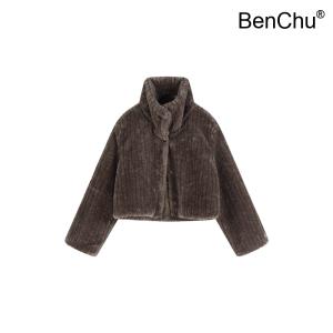 BenChu 가을 겨울 두꺼운 환경 보호 풀 가죽 오버핏 스탠드 칼라 리틀 맨 숏 기모 자켓