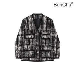 BenChu 가을 겨울 신상 흰색 블랙 색상 대비 트위드 꽃 점퍼 코트 자켓 기질 엔틱 빈티