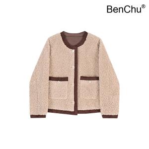 BenChu 색상 대비 양고기 점퍼 코트 자켓 겨울 오버핏 빈티지 엔틱 다크 브라운 모방