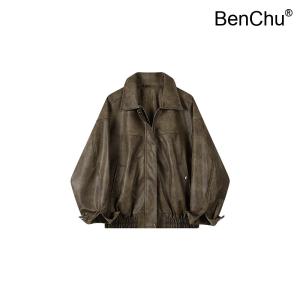 BenChu 가을 신상 미국 다크 브라운 자켓 점퍼 가죽 오버핏 집업 데일리 숏 코트